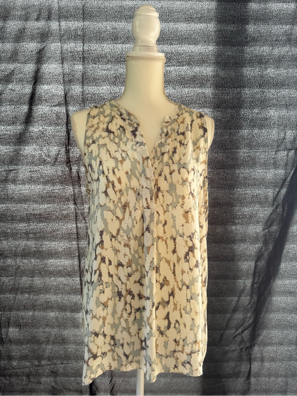 Rachel Zoe Cream Blouse with Pale Blue and Taupe Brushstroke Print